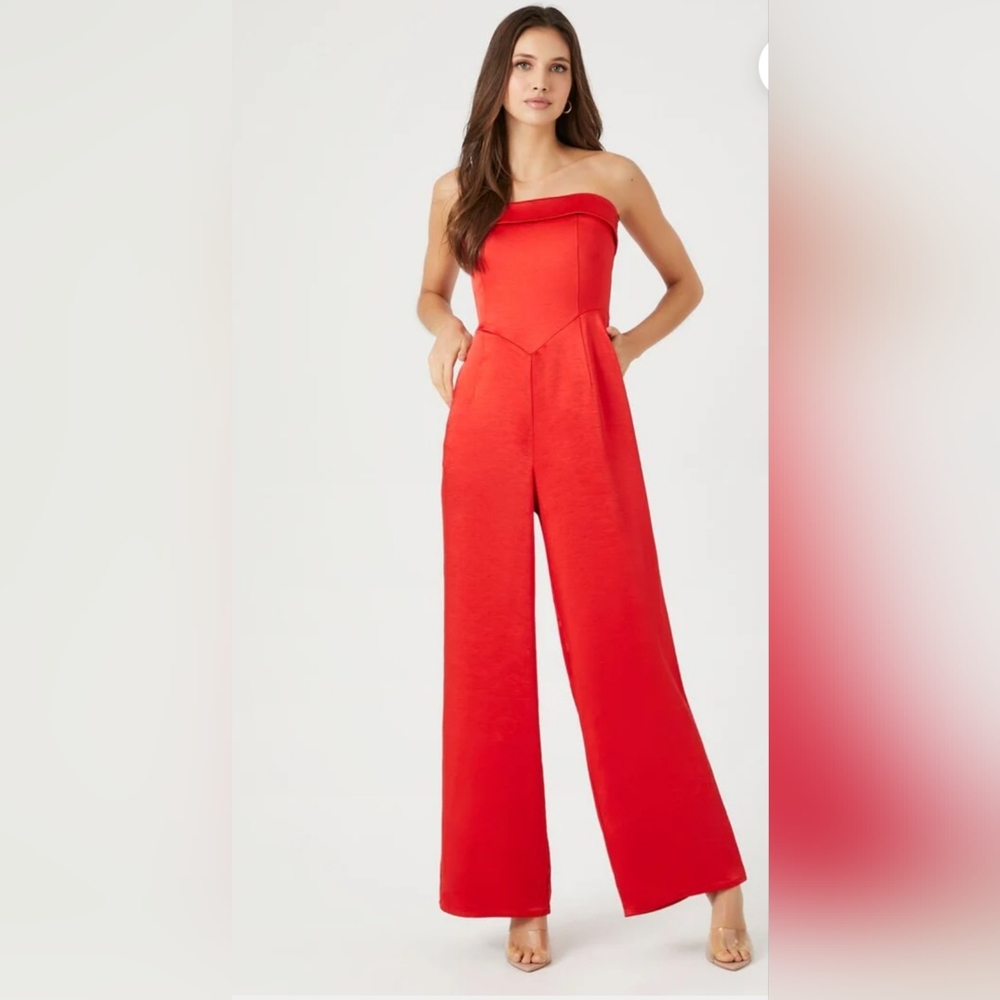 Forever 21 Satin Strapless Pocket Wide Leg Zip Jumpsuit